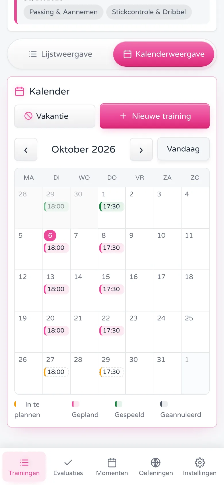 Kalender met trainingen