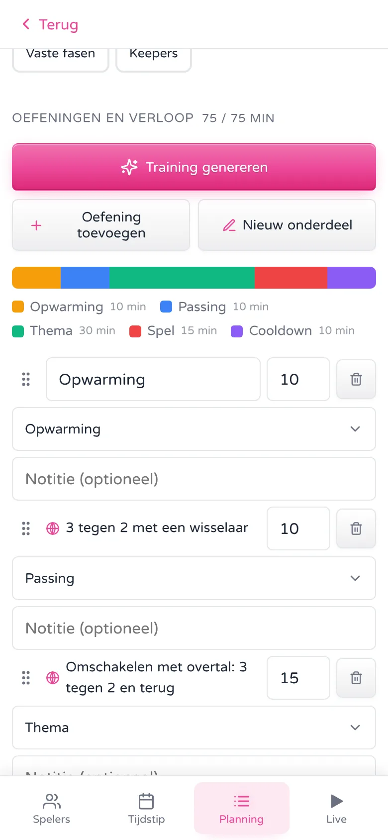 Planning van een training